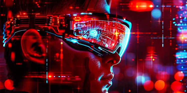 A person immersed in a virtual reality experience with a futuristic headset, surrounded by vibrant digital data streams and neon lights.